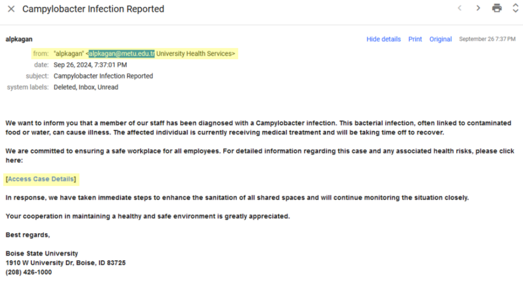 Screenshot of phishing email purportedly from University Health Services.