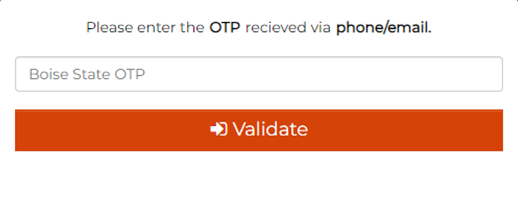 Screenshot of a fake Duo security prompt appearing on a fake Boise State login page. The text in the image is: "Please enter the OTP received via phone/email."