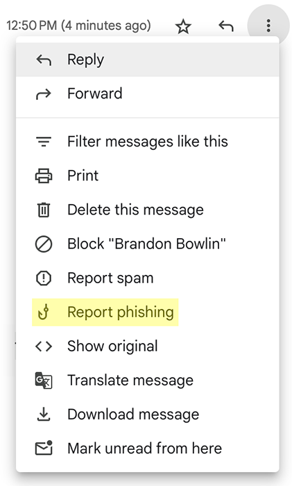 Screenshot of "Report phishing" feature in Gmail.