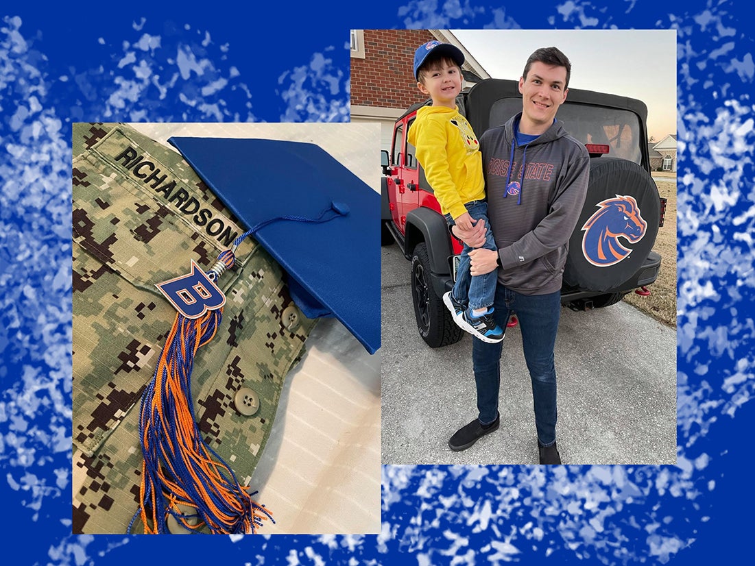 a military uniform with a graduation cap and Austin Richardson with his young son