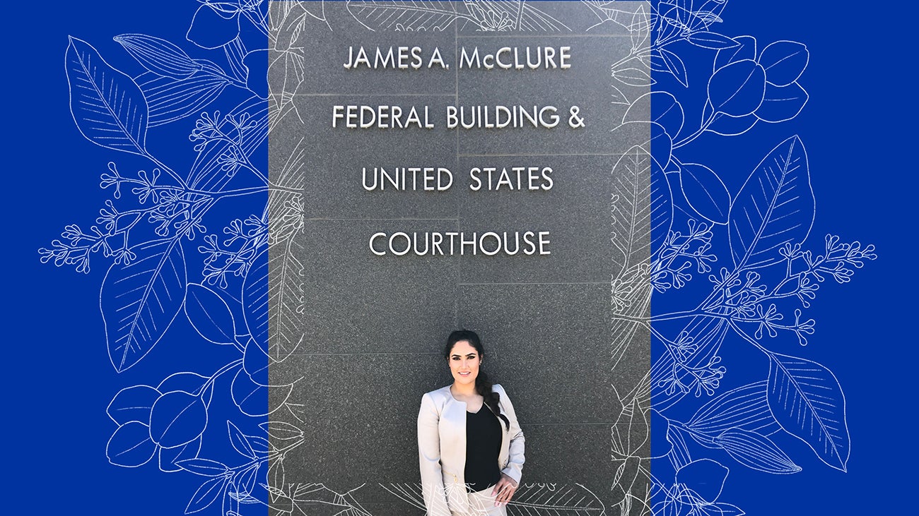 Rana Mohmand poses in front of the courthouse where she received her U.S. citizenship.