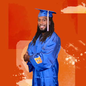 Alexander Mattison poses in a cap and gown with an orange background.