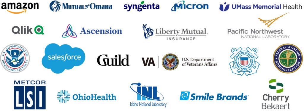 Logos for Amazon.com, Mutual of Omaha, Syngenta, Micron Technologies, UMass Memorial Health, Qlik, Ascension, Liberty Mutual Insurance, Pacific Northwest National Laboratory, U.S. Department of Homeland Security, Salesforce, Guild, U.S. Department of Veterans Affairs, United States Coast Guard, Federal Aviation Administration, Metcor/LSI, Ohio Health, Idaho National Laboratory, Smile Brands and Cherry Bekaert.