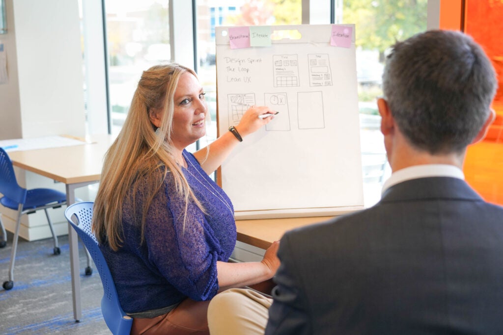 A female student presenting the loop lean UX design process to another student