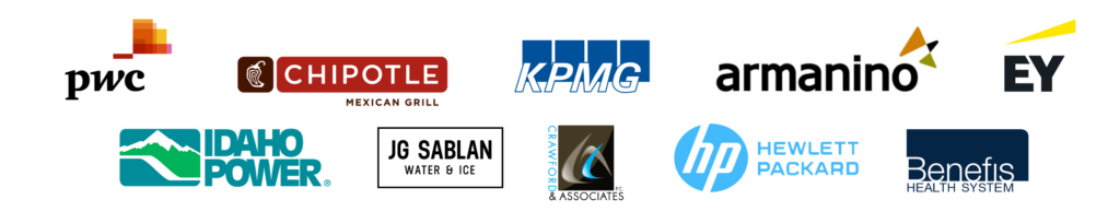 Logos for PwC, Chipotle, KPMG, Armanino, EY, Idaho Power, JG Sablan, Crawford and Associates, Hewlett Packard and Benefits Health System