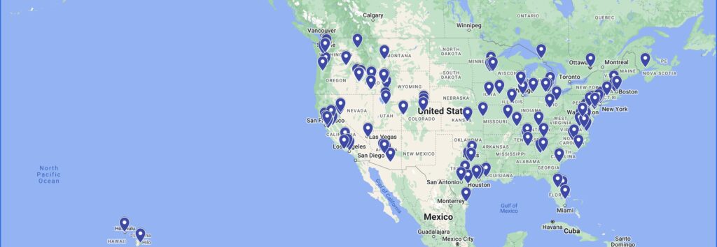 A world map showing Master of Science in Organizational Performance and Workplace student locations