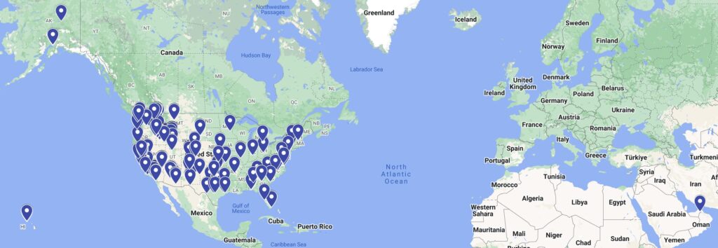 A world map showing undergraduate cyber operations and resilience student locations