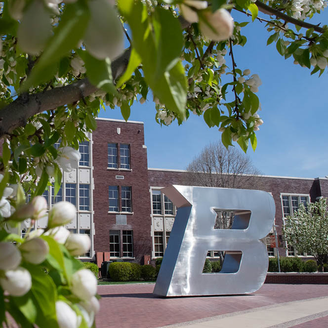 Boise State B statue in spring 