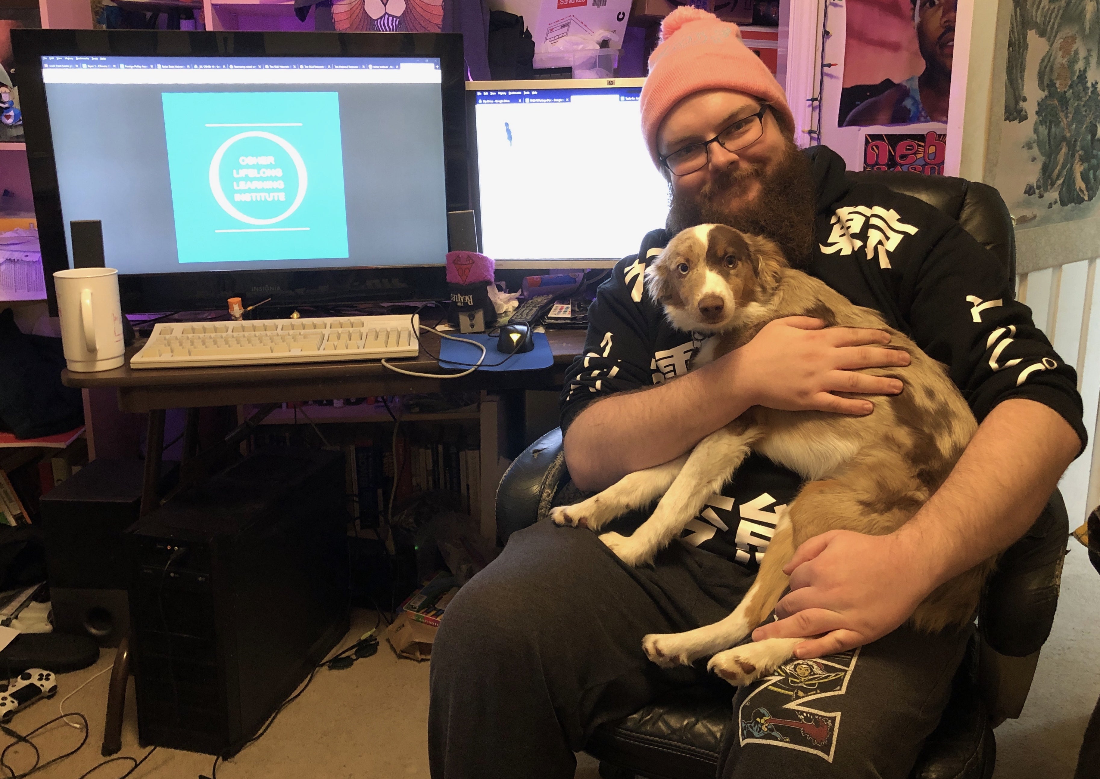 Jeremy Trent at his work-from-home desk with his dog