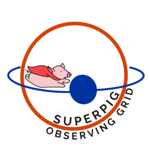 A pig with a cape flys along an exoplanet transit with the words Superpig Observing Grid