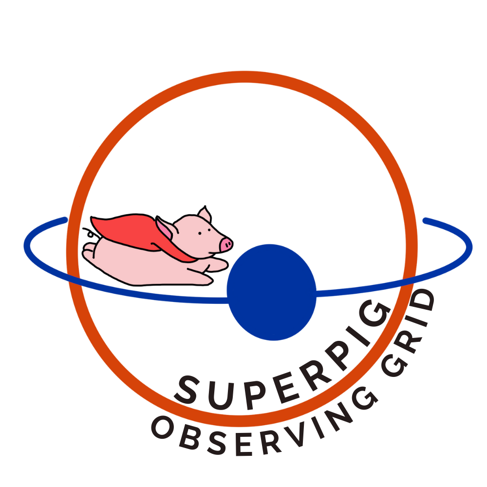 A logo where pig with a cape flys along an exoplanet transit with the words: Superpig Observing Grid.