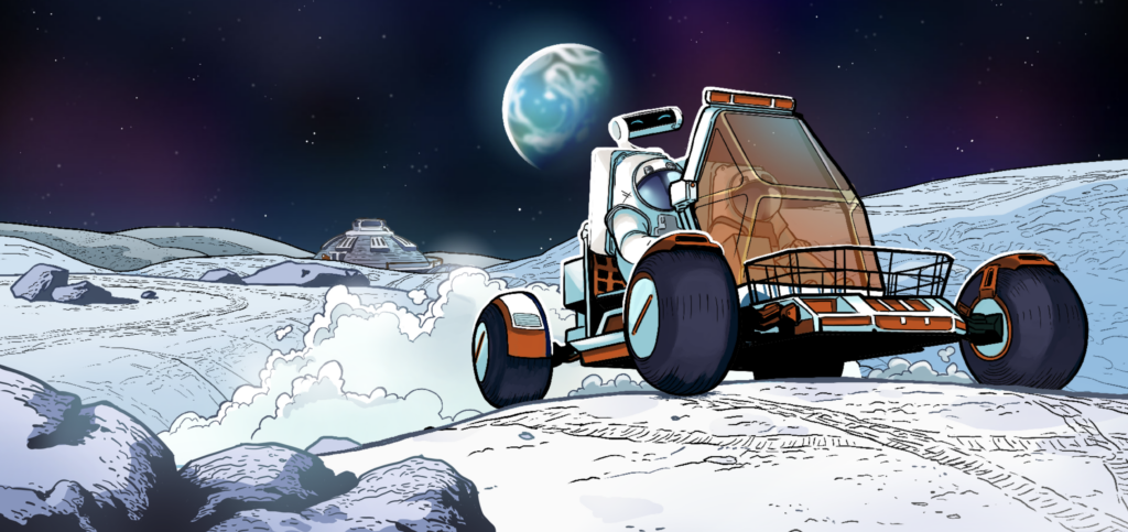 Cartoon of robot driving a cart on the moon with earth in the distant background