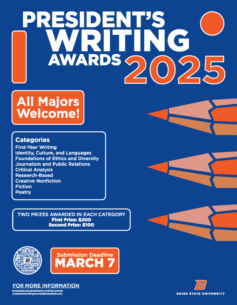 Bold blue poster with orange accents, featuring pencil illustrations and white text for a writing awards event