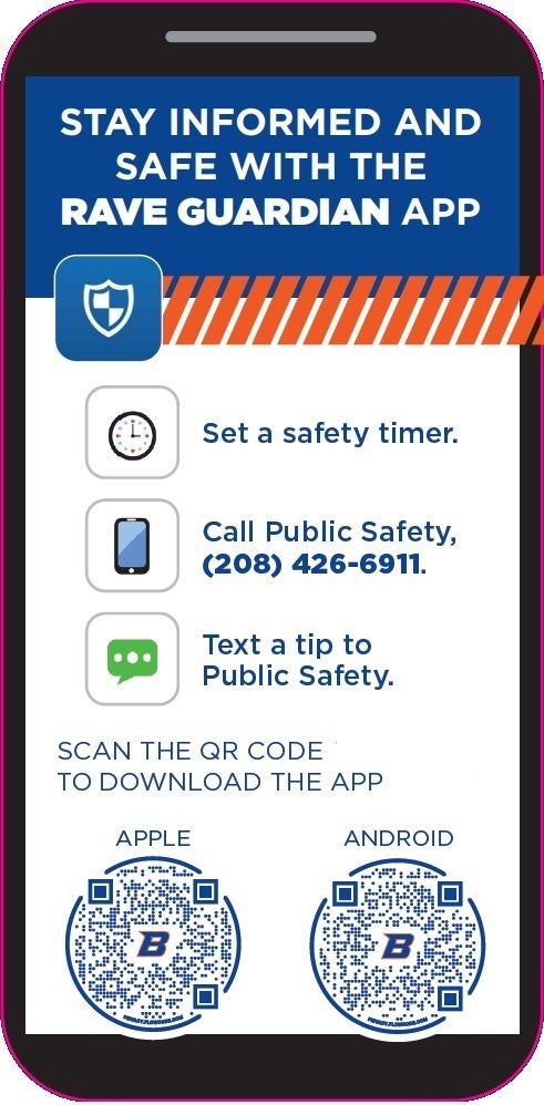 Graphic of a mobile phone displaying Rave Guardian App features and QR codes for scanning to download the app on Apple or Android.