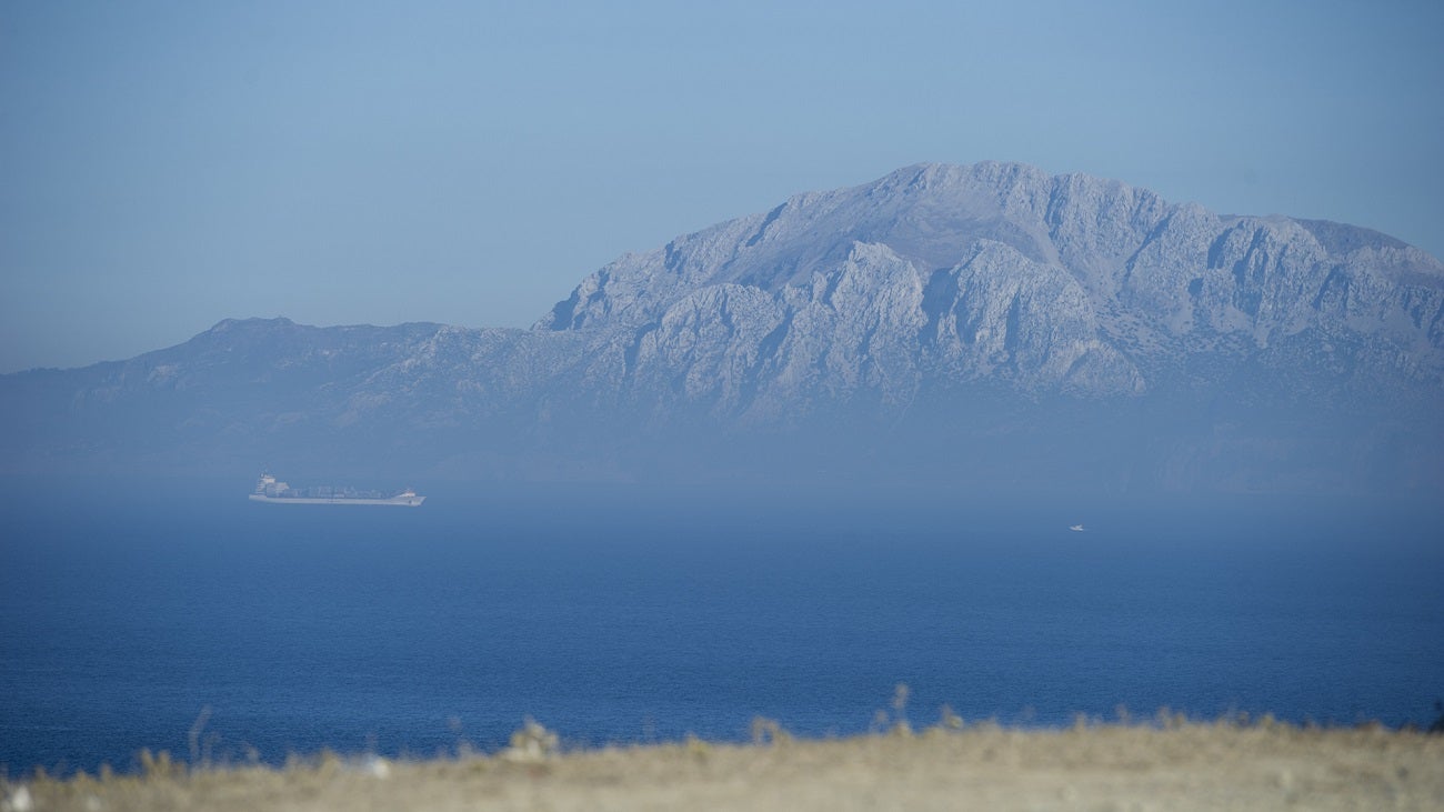 View of Moroccan mountains across the Strait of Gibraltar from Tarifa, Spain