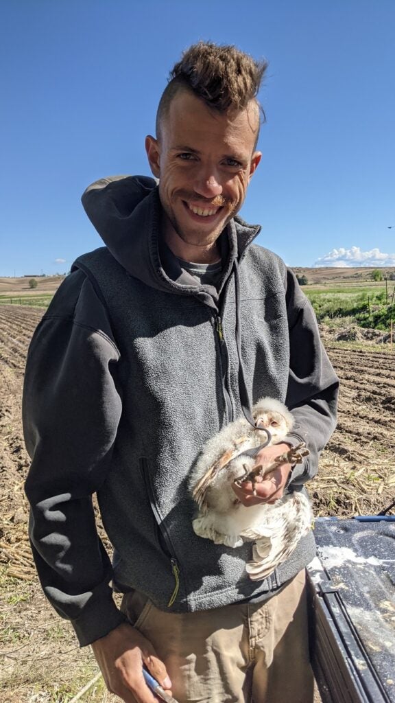 Brian Busby holding a barn owl nestling in the field