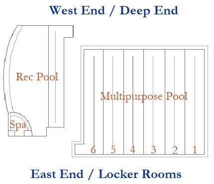 A diagram of the Multipurpose Pool, Rec Pool, and Spa for open swim