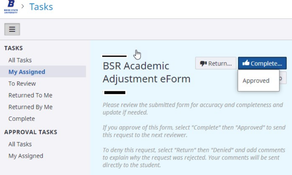 example of approving an academic adjustment eform
