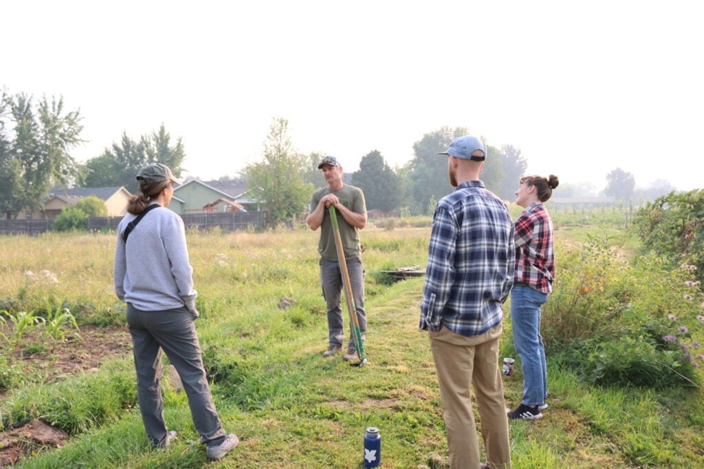 students talking in a field