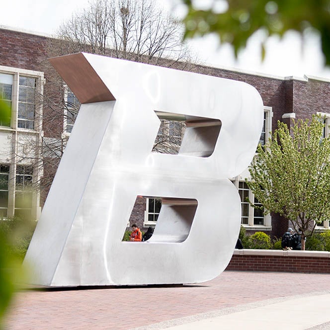 An image of the giant B statue in front of the Boise State Administration Building