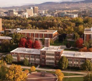 Aerial photos of the Boise State campus with the Administration building in the foreground 