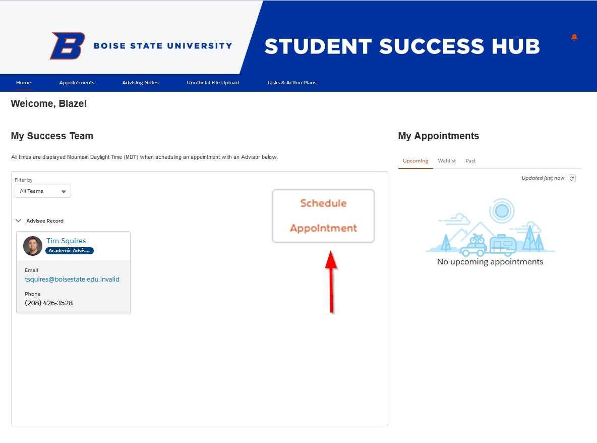 student success hub screenshot highlighting schedule appointment