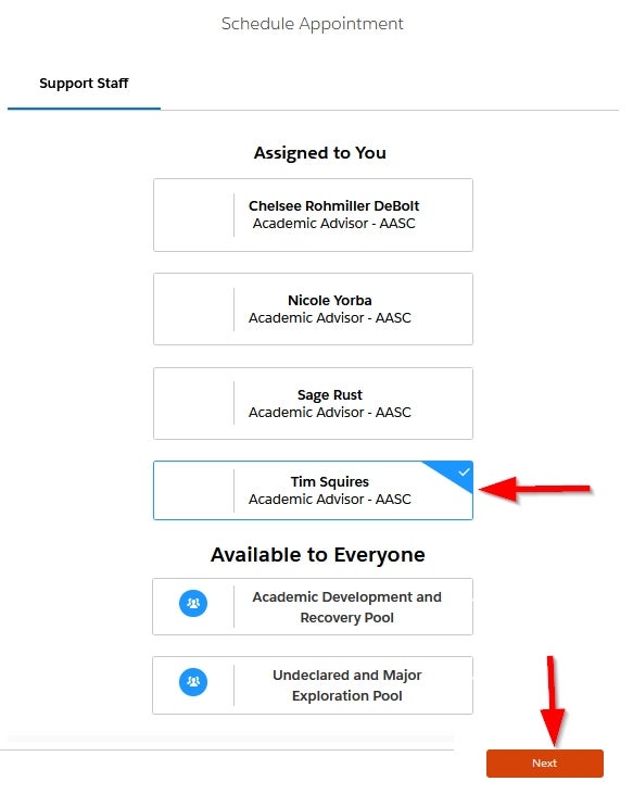 student success hub screenshot highlighting appointment scheduling