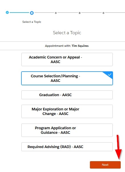 student success hub screenshot highlighting topic selection