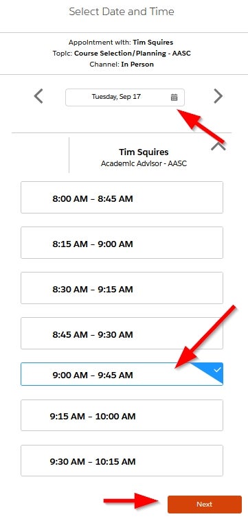 student success hub screenshot highlighting date and time selection