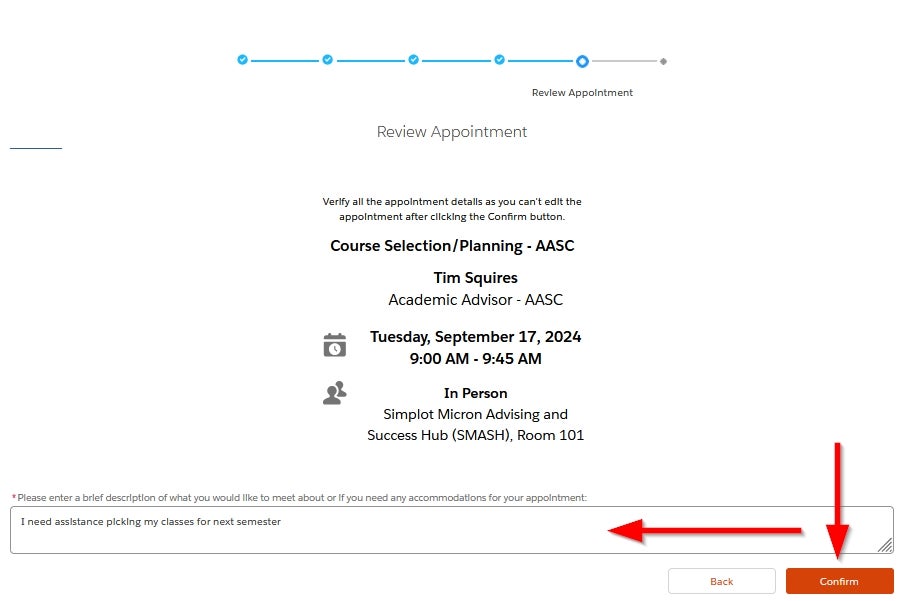 student success hub screenshot highlighting appointment confirmation