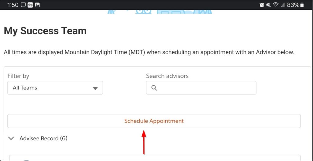 The mobile interface. A red arrow is pointing at the "Schedule Appointment" button