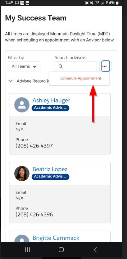 The mobile interface. A red arrow is pointing at the "Schedule Appointment" button