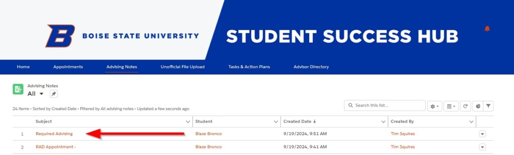 Student Success Hub Advising Notes. Red arrow pointing to the subject of the note