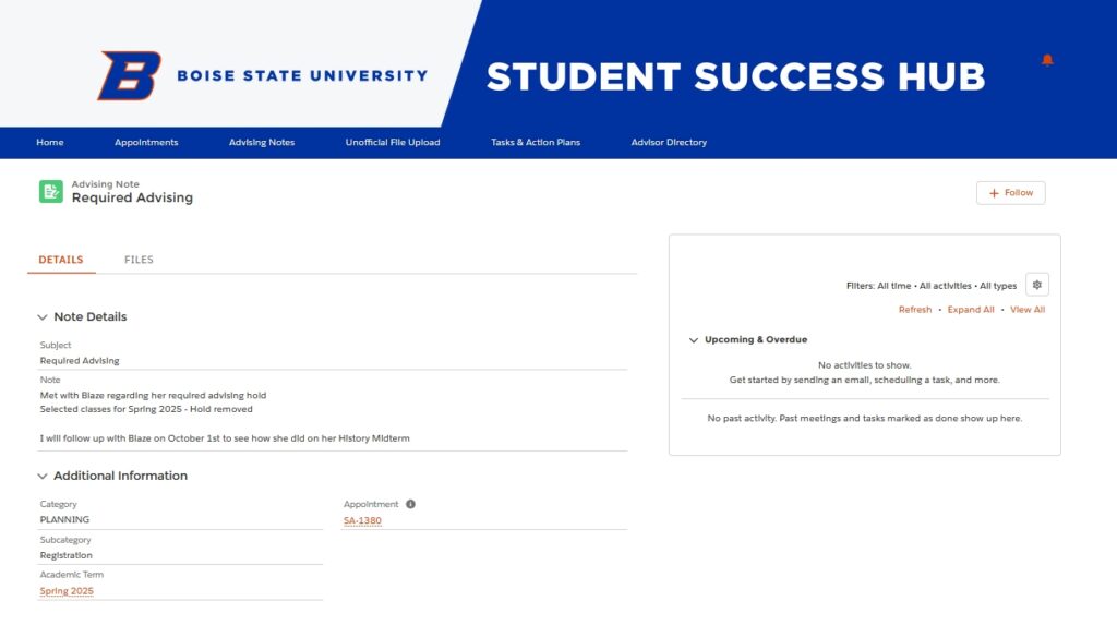 Student Success Hub - Details of the advising note