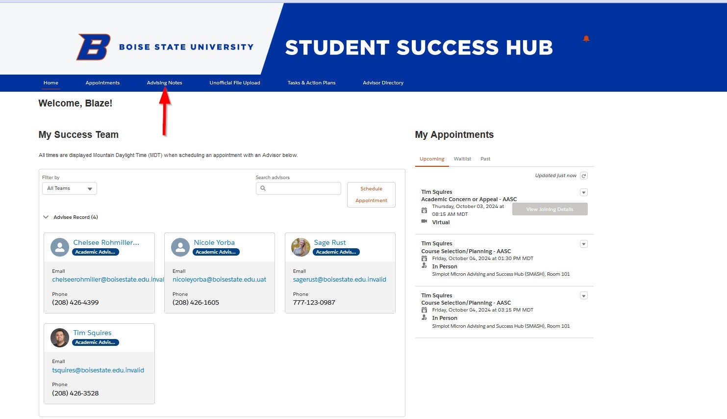 Student Success Hub - Red arrow pointing to the Advising Notes Tab at the top of the page