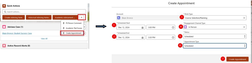 screen flow to create an appointment using the create appointment button