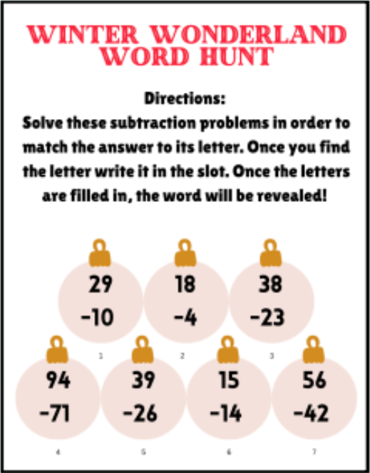 Student worksheet titled "Winter Wonderland Word Hunt"