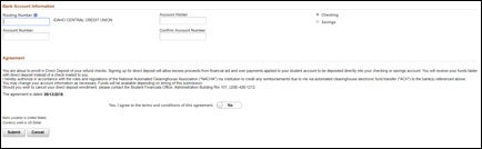 Screenshot of page to enter bank account info