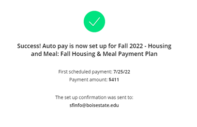 Payment plan confirmation message