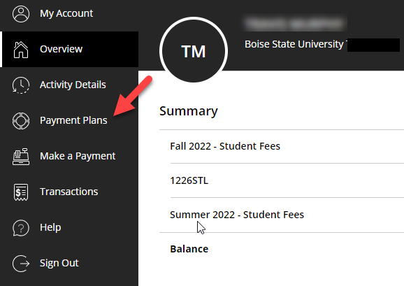 Payment plans link screenshot