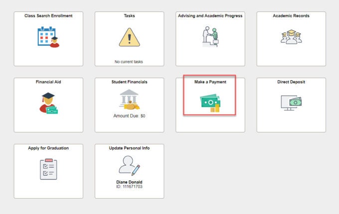 Screenshot of Make a Payment tile on Student Center