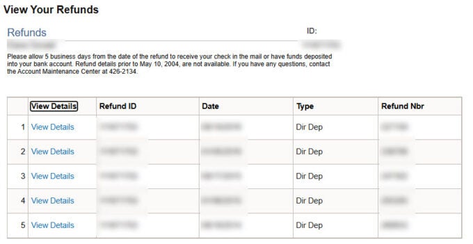 View Your Refunds page showing list of refunds processed