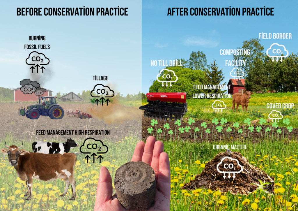 An image illustrating the reduction in CO2 emissions achieved through conservation practices such as feed management, composting, no-till drilling, and cover crop.