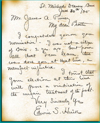 A letter congratulating Mayor Pinney on his 1905 victory. The author comments on the harsh 1903 Mayoral election in which James Pinney lost to James Hawley. Pinney Family.