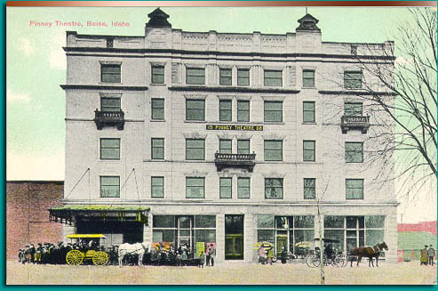 In 1908 Pinney razed the Columbia to build a new five story Theater. The building, constructed of pressed brick and stone, had a fireproof theater section and offices and studio apartments on the upper floors. This picture of the Pinney Theater was taken from a postcard circulated in the 1900s. Pinney Family.