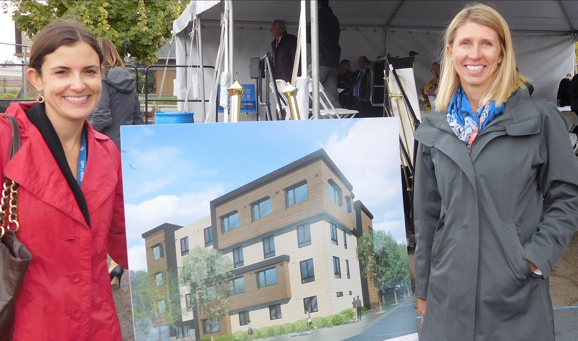 Vanessa Fry and Diana Lachiondo with artist rendering for New Hope building