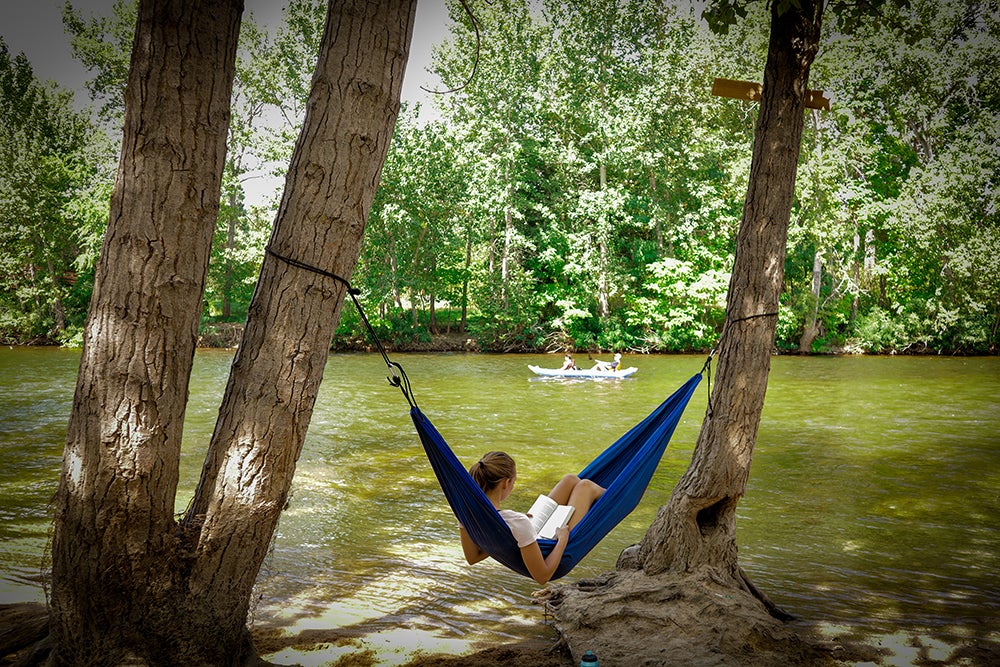 A hammock stretched between trees along the Boise River. 