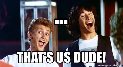 Bill and Ted meme, ...That's us dude!