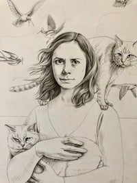Pencil illustration of Sara Nicholson with cats and birds in background