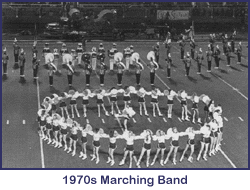 1970s marching band on field with cheer leaders